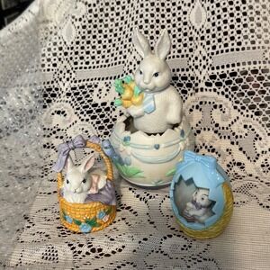 Vintage Easter Bunny Figurine Set Musical Egg Basket Bell 3pc Pastel decor